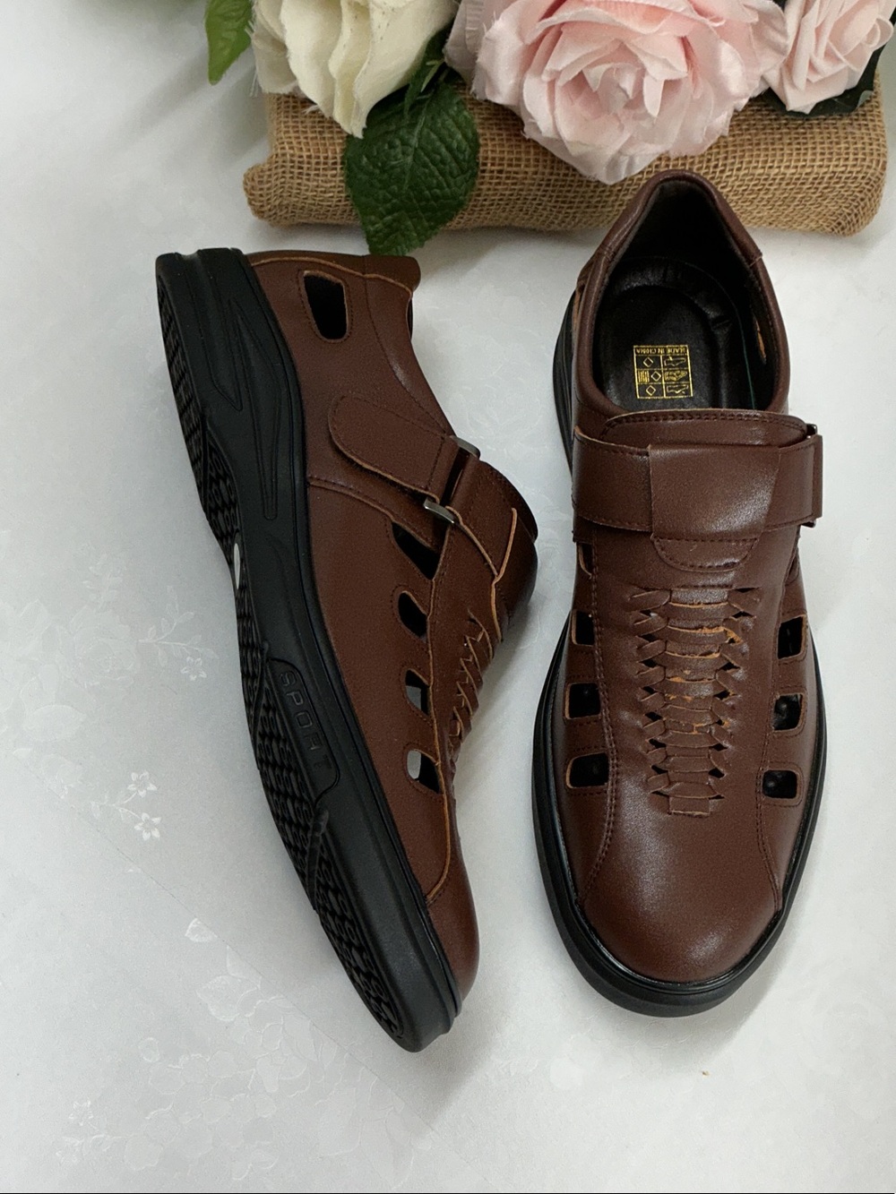 Men's Brown Leather Fisherman Sandals - Classic Casual - Picture 2 of 6